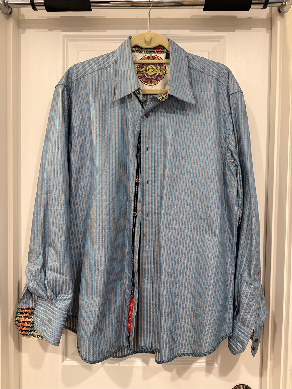 Robert Graham Light Blue Striped Dress Shirt with Contrasting Trim